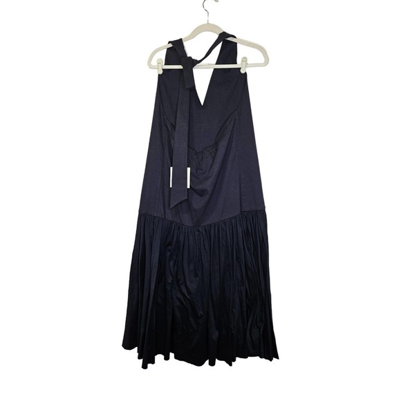 NEW TIBI 12 Punto Milano V-Neck Halter Open Back Midi Dress Drop Waist Navy Blue - Picture 3 of 8